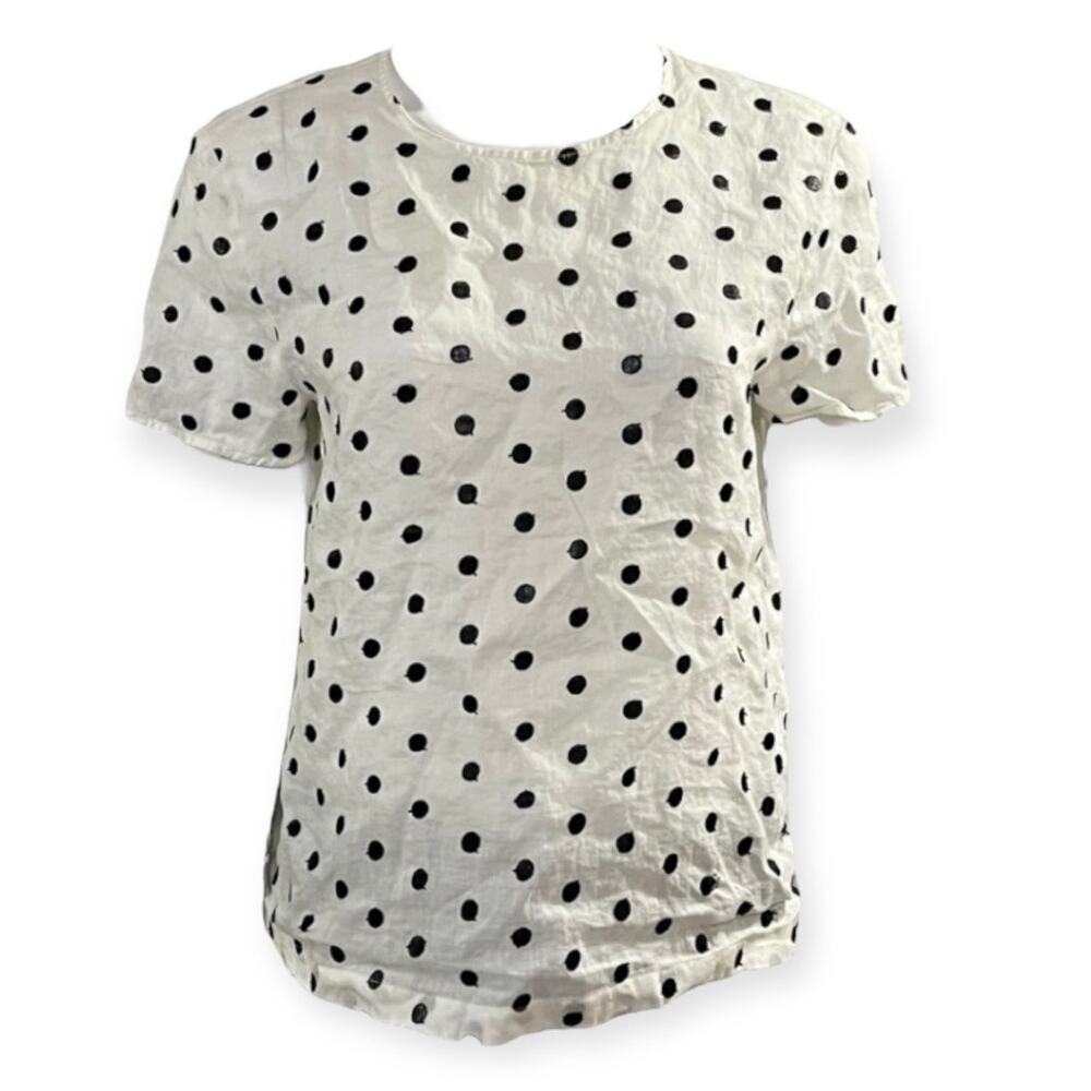 MaxMara Studio White Black Polka Dot Short Sleeve Ramie Top Size Large